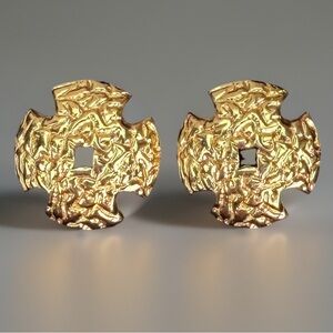 Vintage Monet Goldtone Textured Cross Clip On Earrings